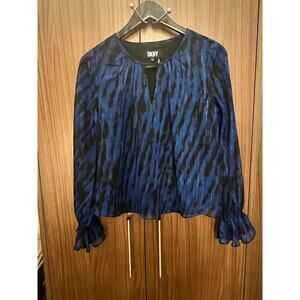 DKNY Blouse XS Blue Black Long Sleeve Sheer Top Ruffle Cuff Women’s Shirt